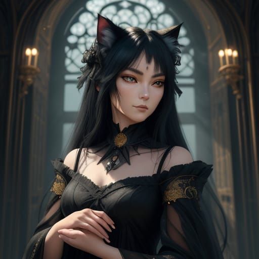 Cute Anime Cat Girl in Enchanted Library