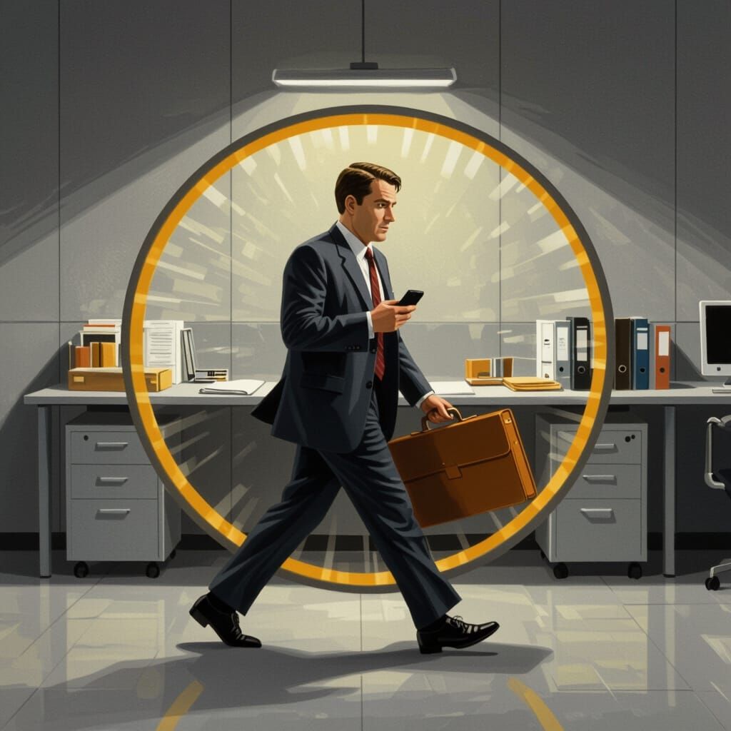 Stressed Businessman Runs in Hamster Wheel in Office