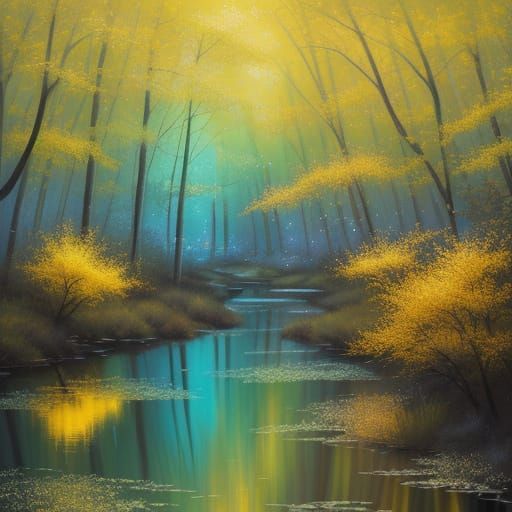 Golden River Through Transparent Glass Trees Under Moonlight
