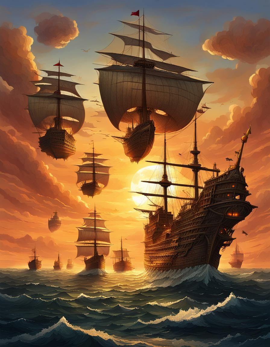 Fantasy Airship Fleet at Sunset Over the Sea