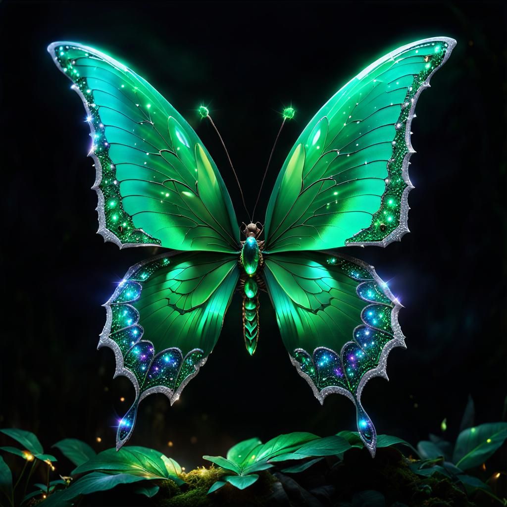 Emerald Butterfly with Sparkling Wings in the Night