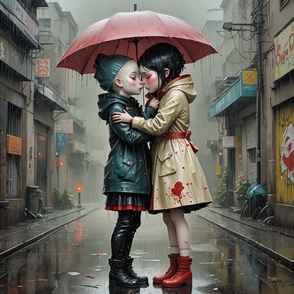 Lovers Embrace in Rainy Graffiti Art Style