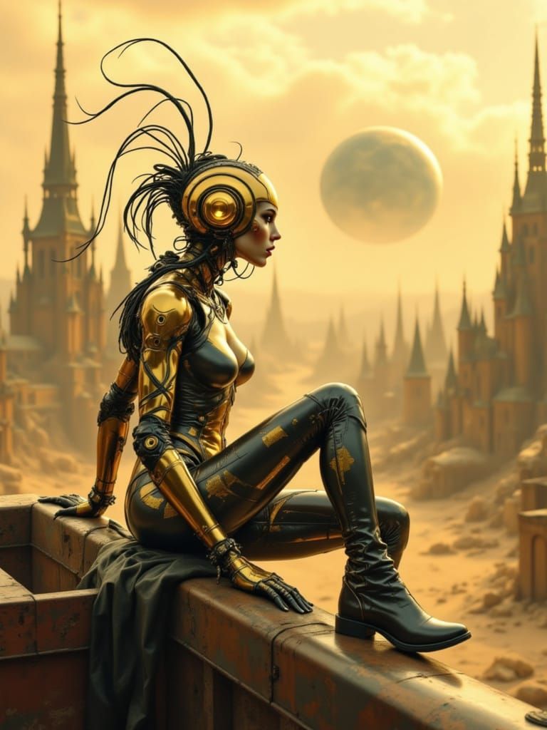Cyborg Goddess in Golden Haze, Contemplating a Dystopian Was...