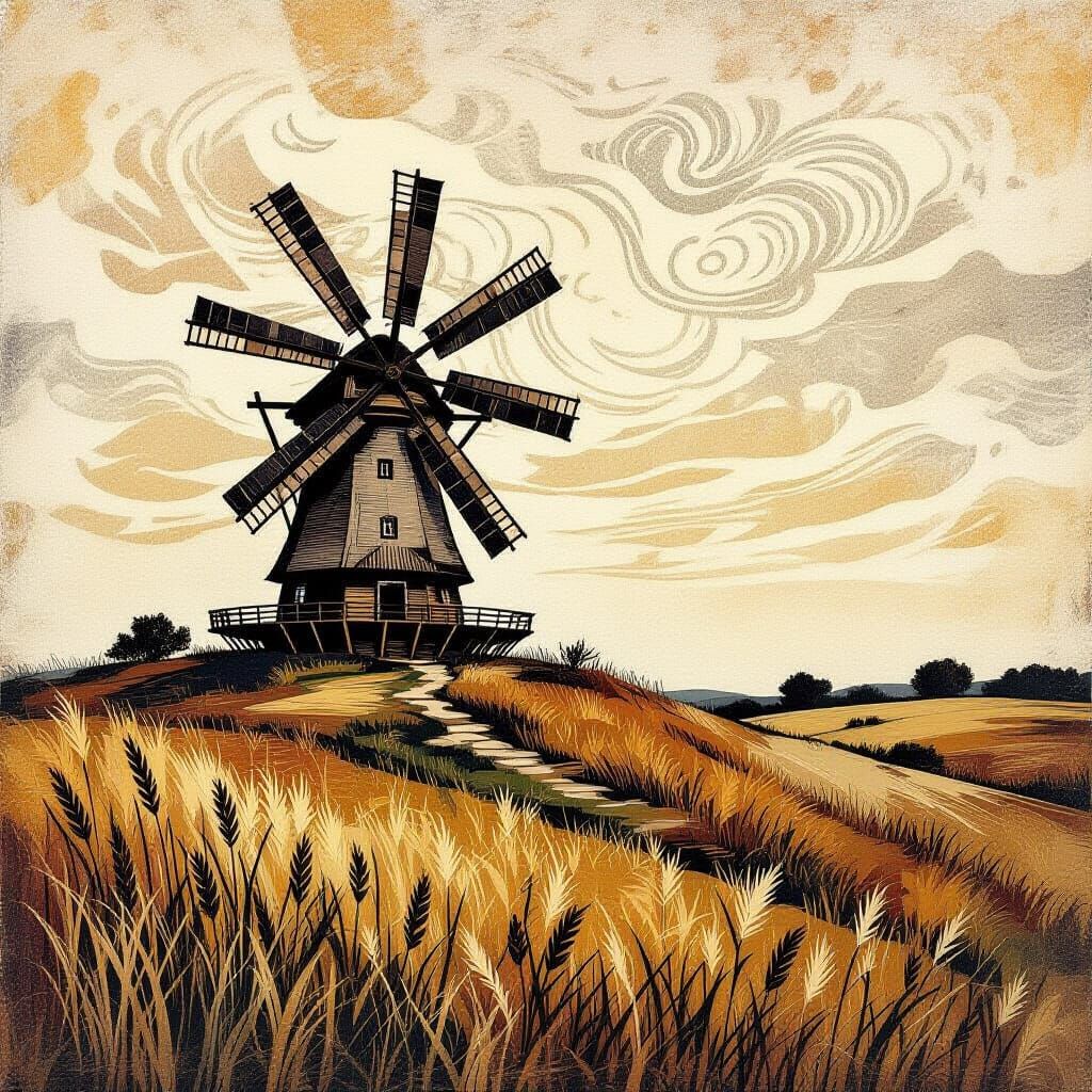 Rustic Windmill on Hillside in Collagraph Print Style