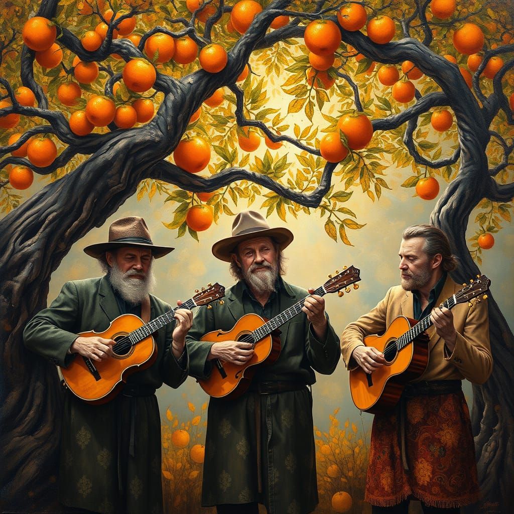 Surreal Bluegrass Musicians Gather Under Vibrant Orange Tree