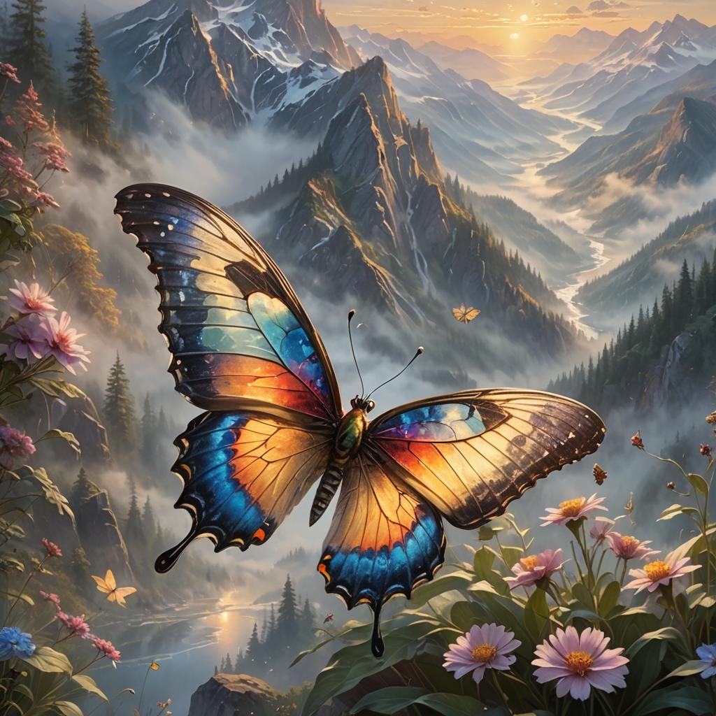 Butterfly Reflecting Mountain Sunrise in Dreamy Macro Shot