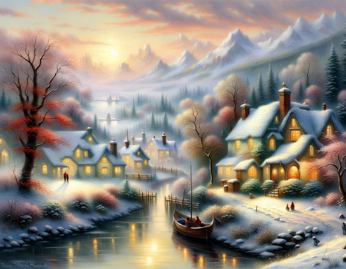 Winter Village: Ethereal Fantasy in Kinkade Style