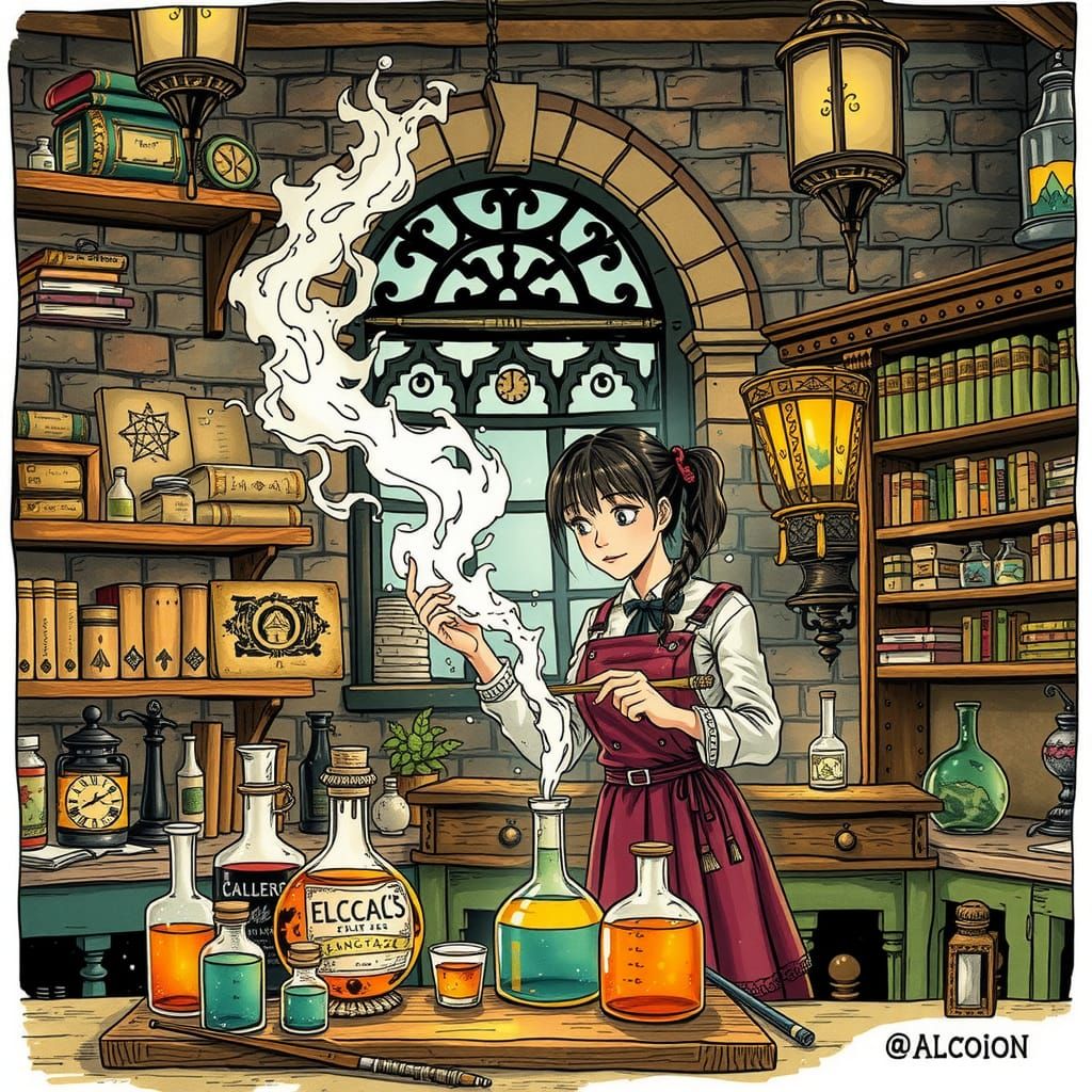Mystical Student Mixes Elixirs: Alcohol Ink Illustration