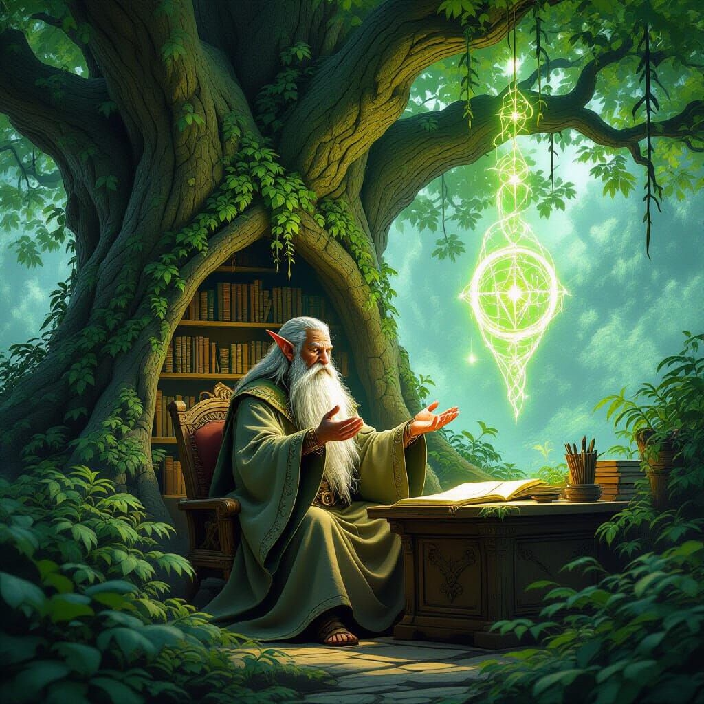 Elvish Shaman Studies Runes in Arboreal Study