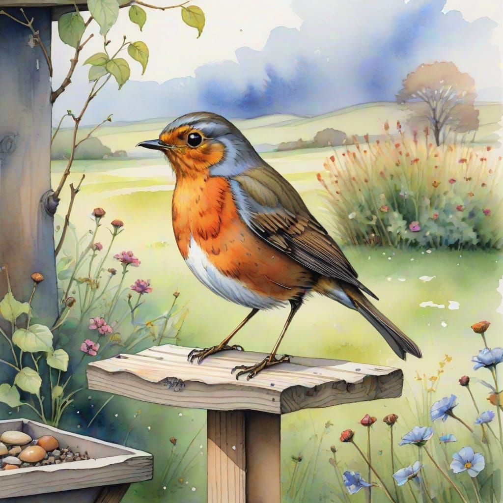 Watercolor Robin at Bird Table