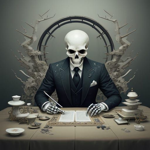Refined Skeleton in Origami Suit Sips Tea in Graveyard