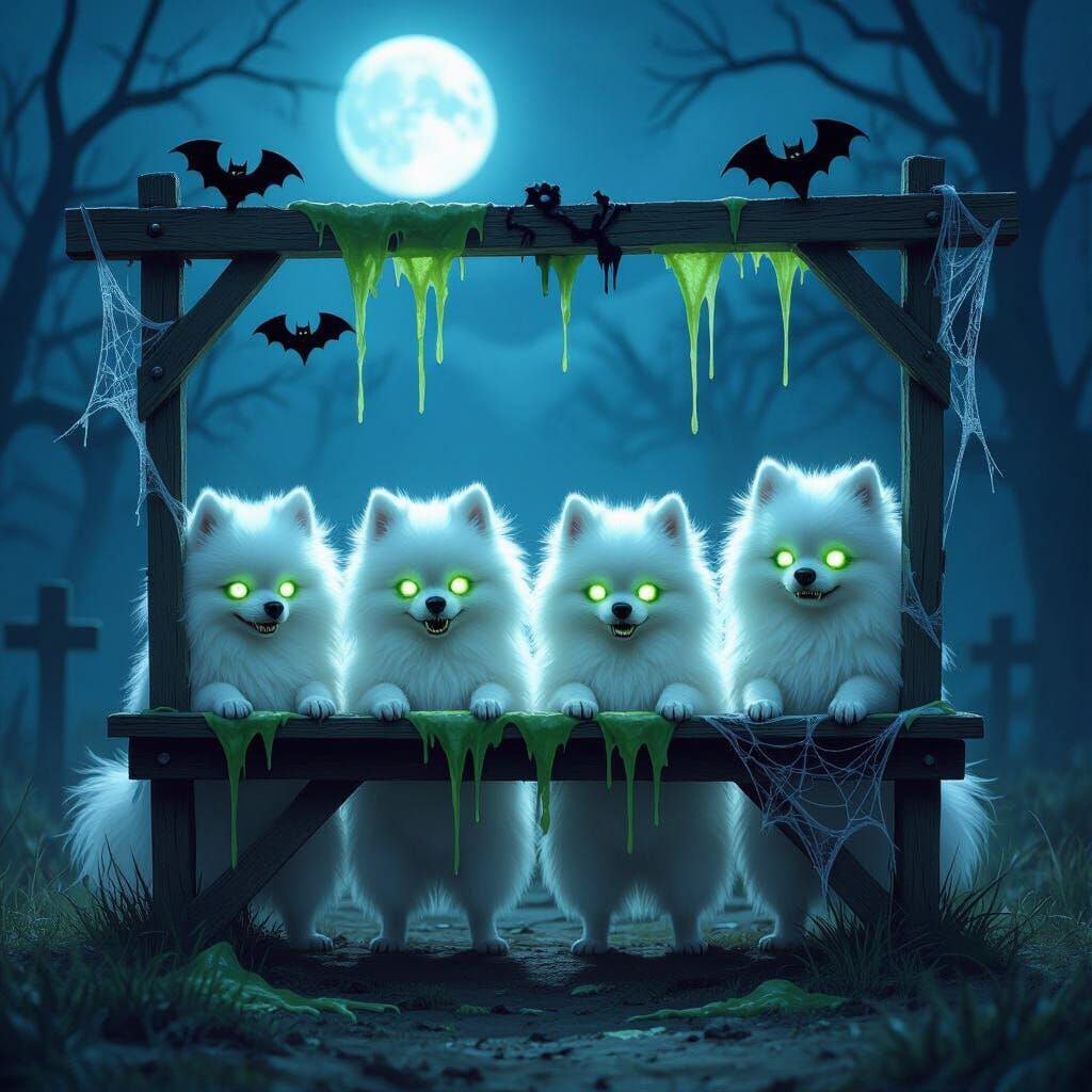 Pomeranian Zombie Lemonade Stand on Gloomy Moonlit Night