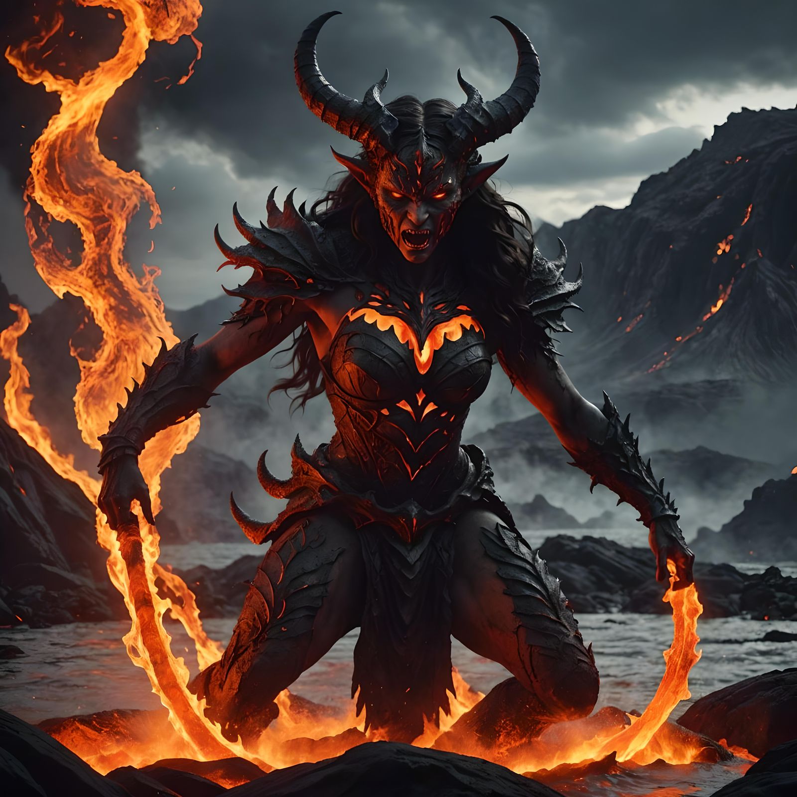 Beautiful Demon Rising from Lava Lake