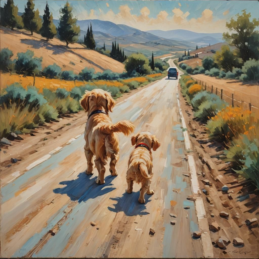 Golden Retriever Puppy Gazing at Distant Car