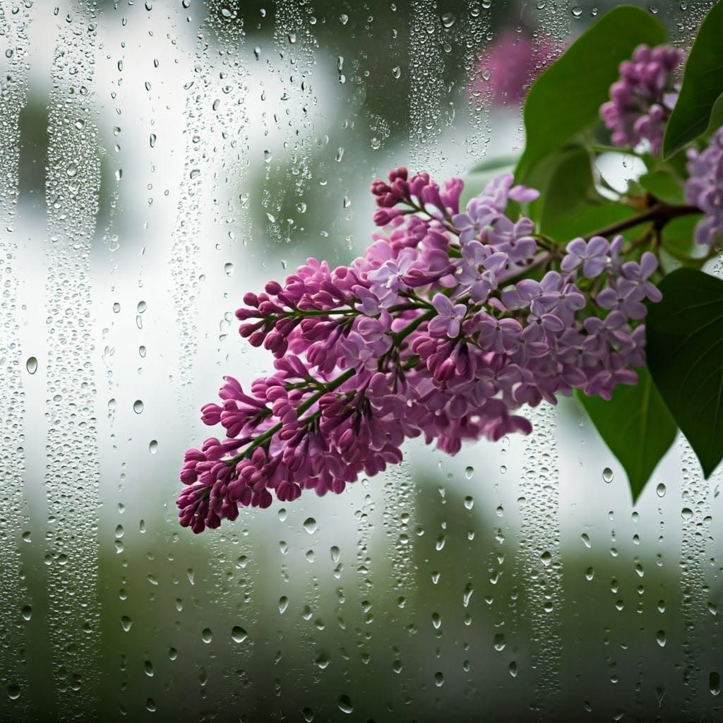Lilac Branch Silhouetted by Rainy Window