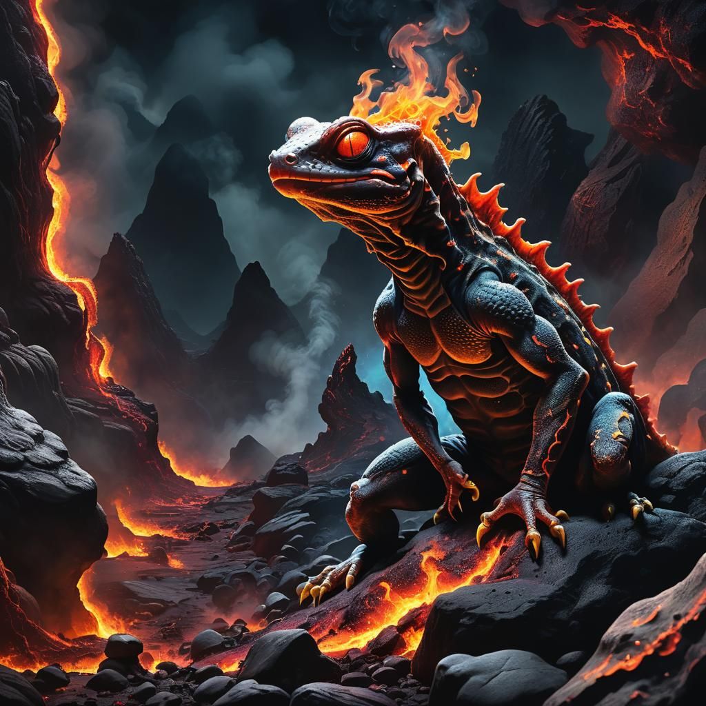 Smoke-Breathing Hellbender Gecko Alien on Lava Rock