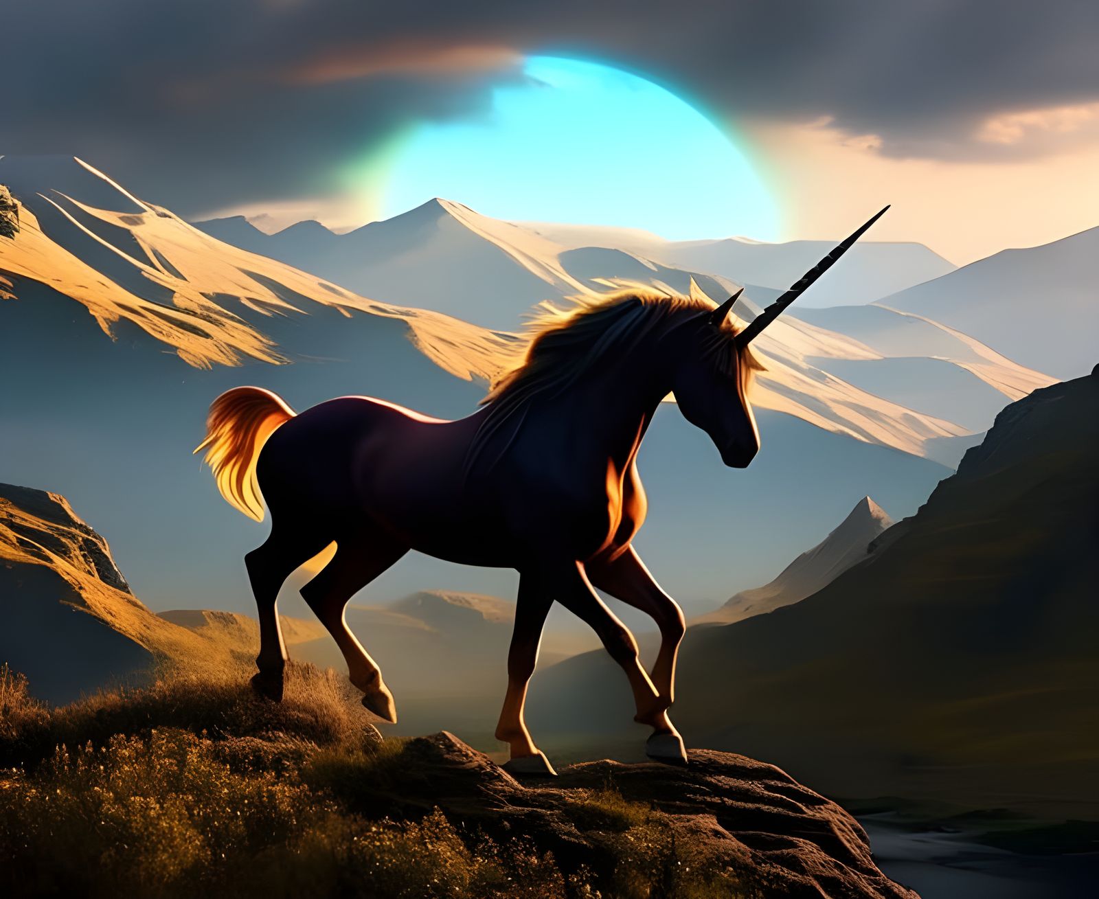 Golden Unicorn with Crystal Horn and Wings