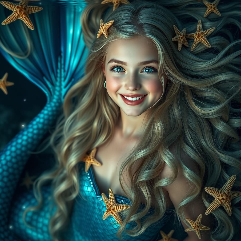 Smiling Mermaid with Iridescent Tail, Photorealistic Underwa...