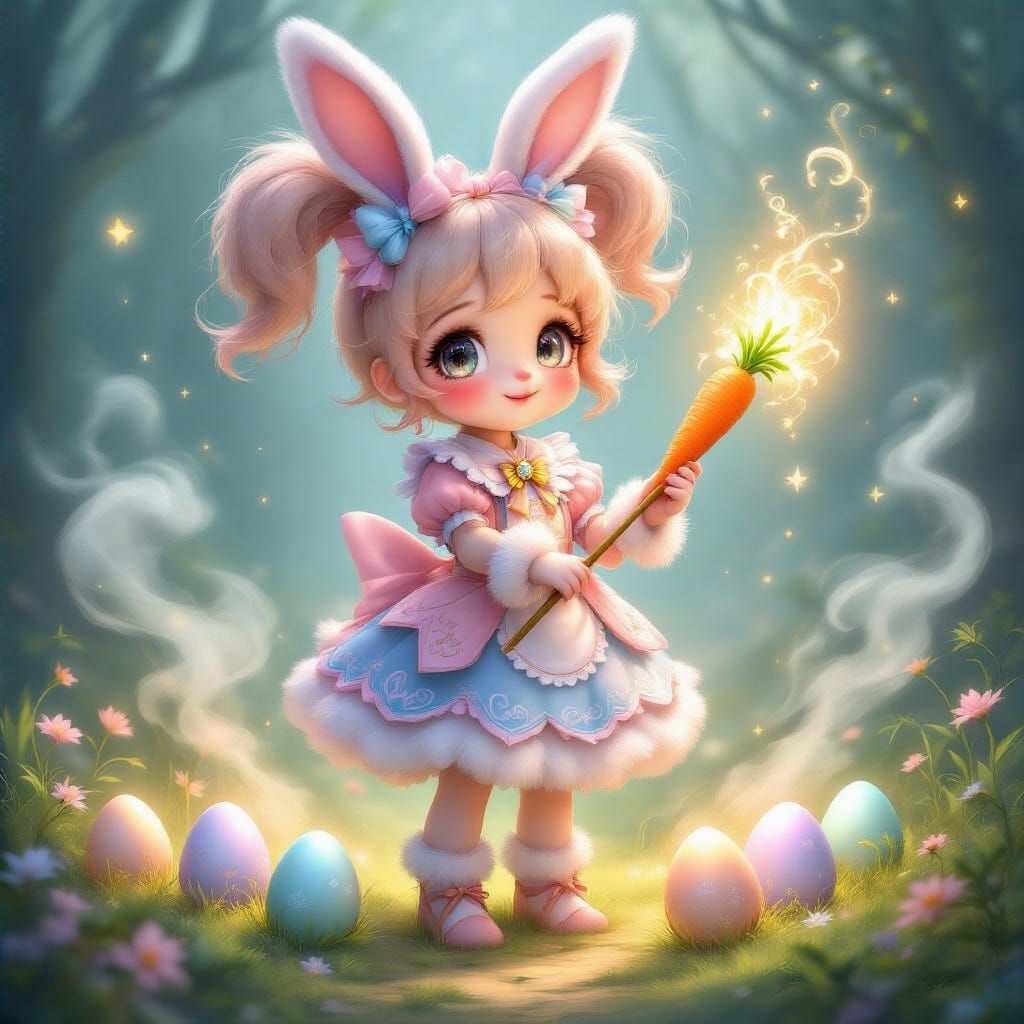 Enchanted Easter Bunny Magic Girl with Glowing Eggs and Carr...