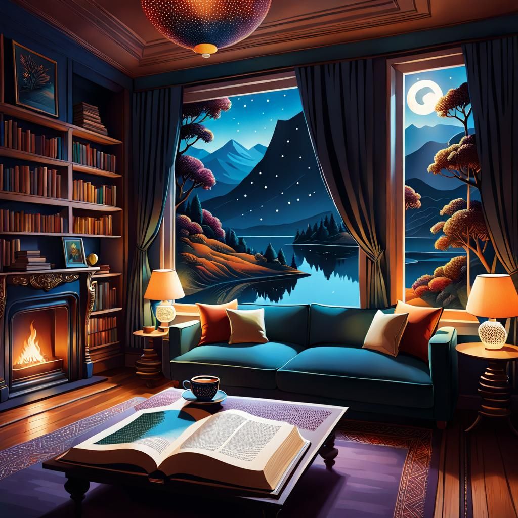 A cozy living room diorama concealed within the pages of an oversized novel.
