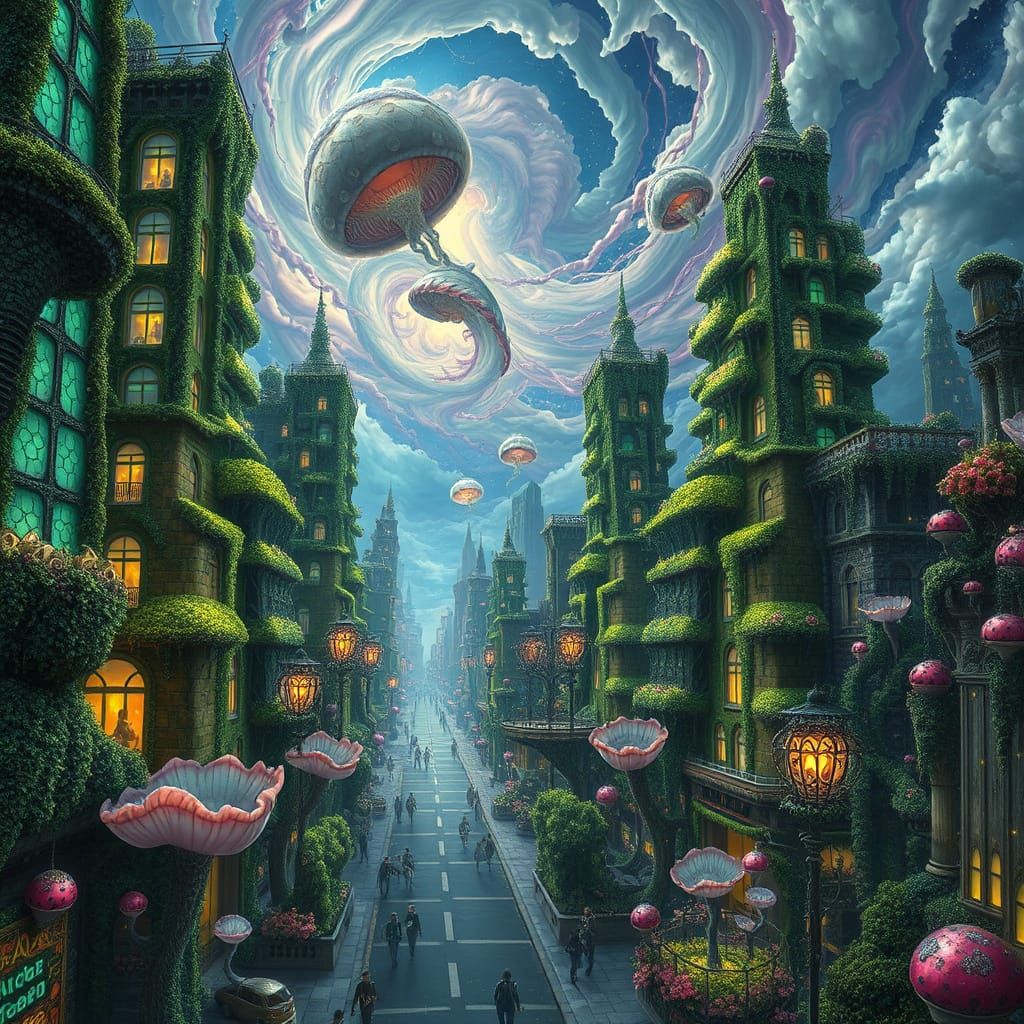 Surreal Cityscape Born from Living Organisms in Vibrant Bio-...