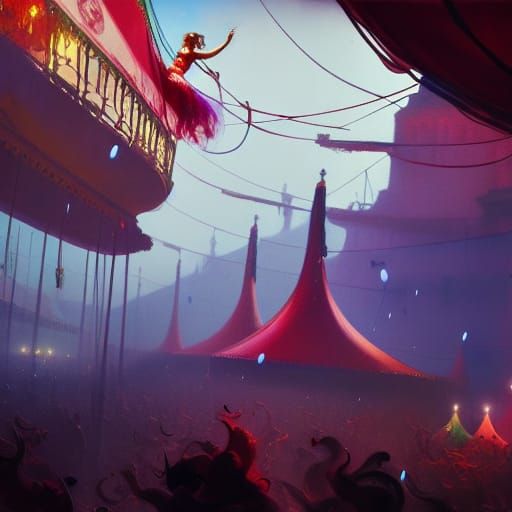 Surrealist Circus Scene in Geometric Abstract Style