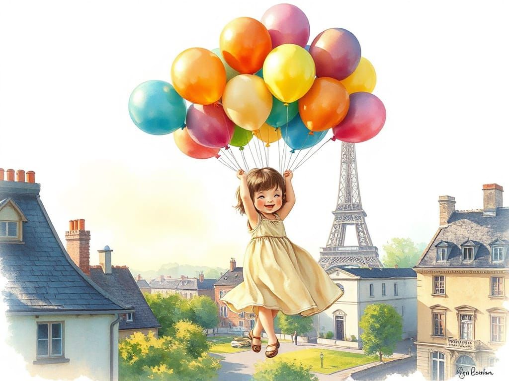 Watercolor Child Floats Above Paris with Balloons