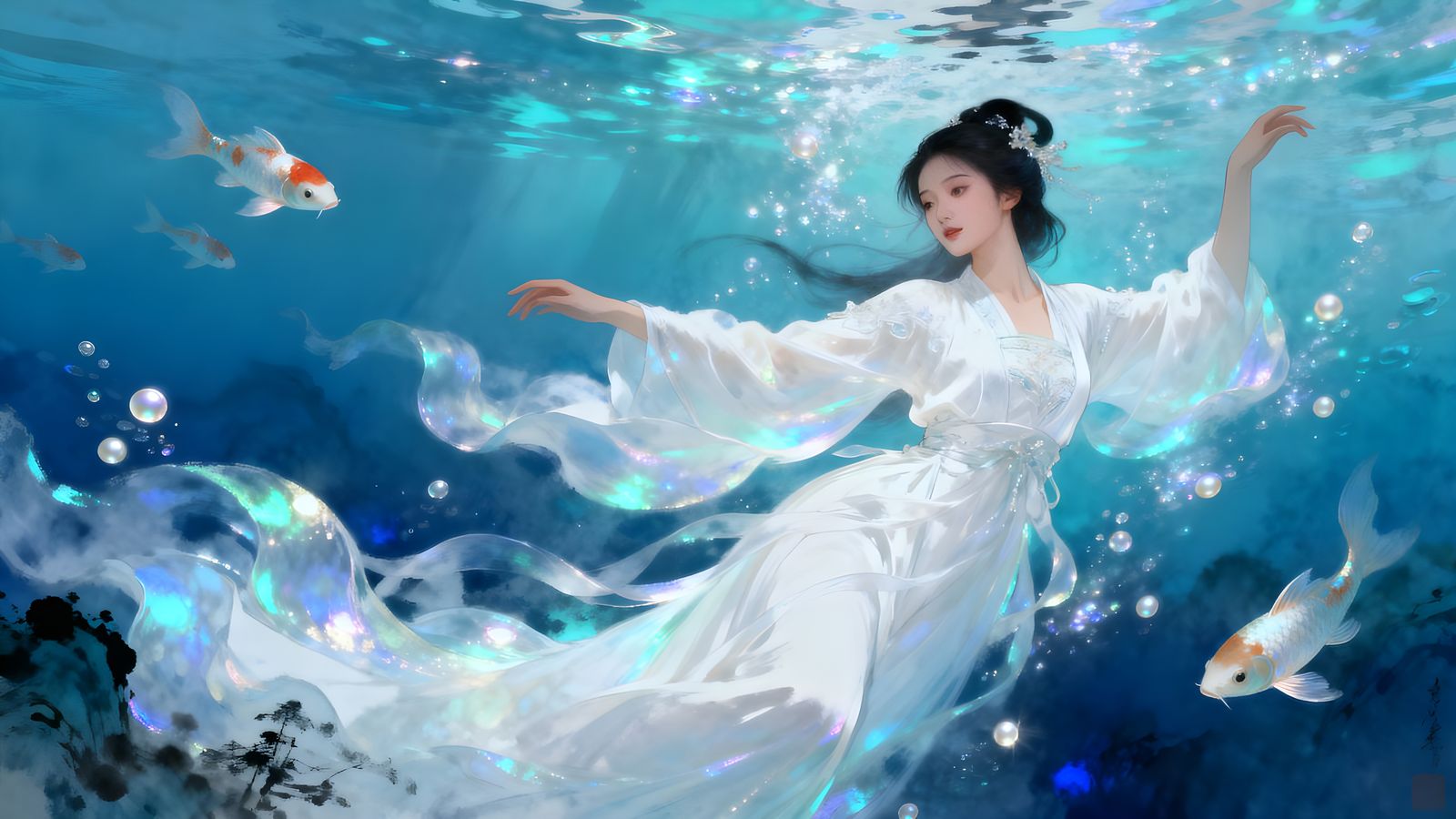 Woman in White Hanfu Floating in Sparkling Water with Koi