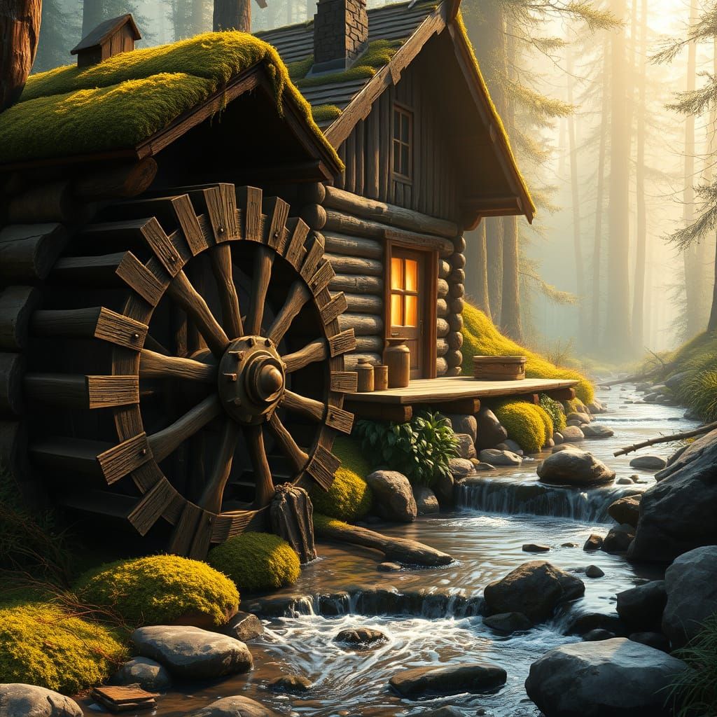 Cozy Waterwheel Cabin Scene in Idyllic Woodland Setting