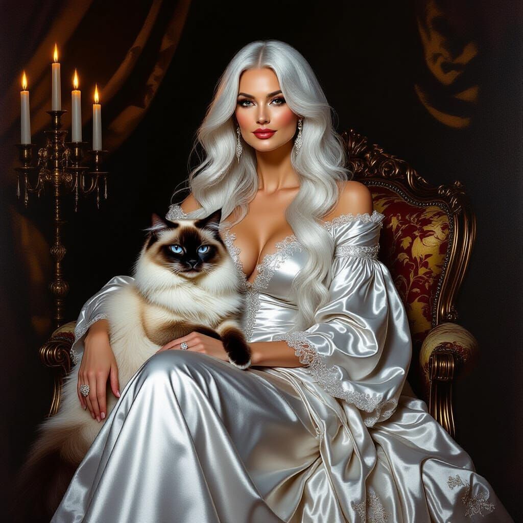 Siamese Cat on Woman's Lap in Baroque Boudoir
