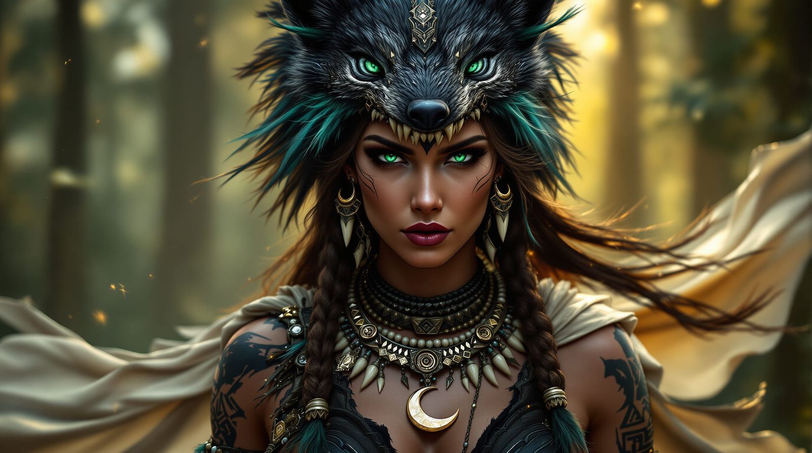 Creates an epic and mystical portrait of a female tribal war...