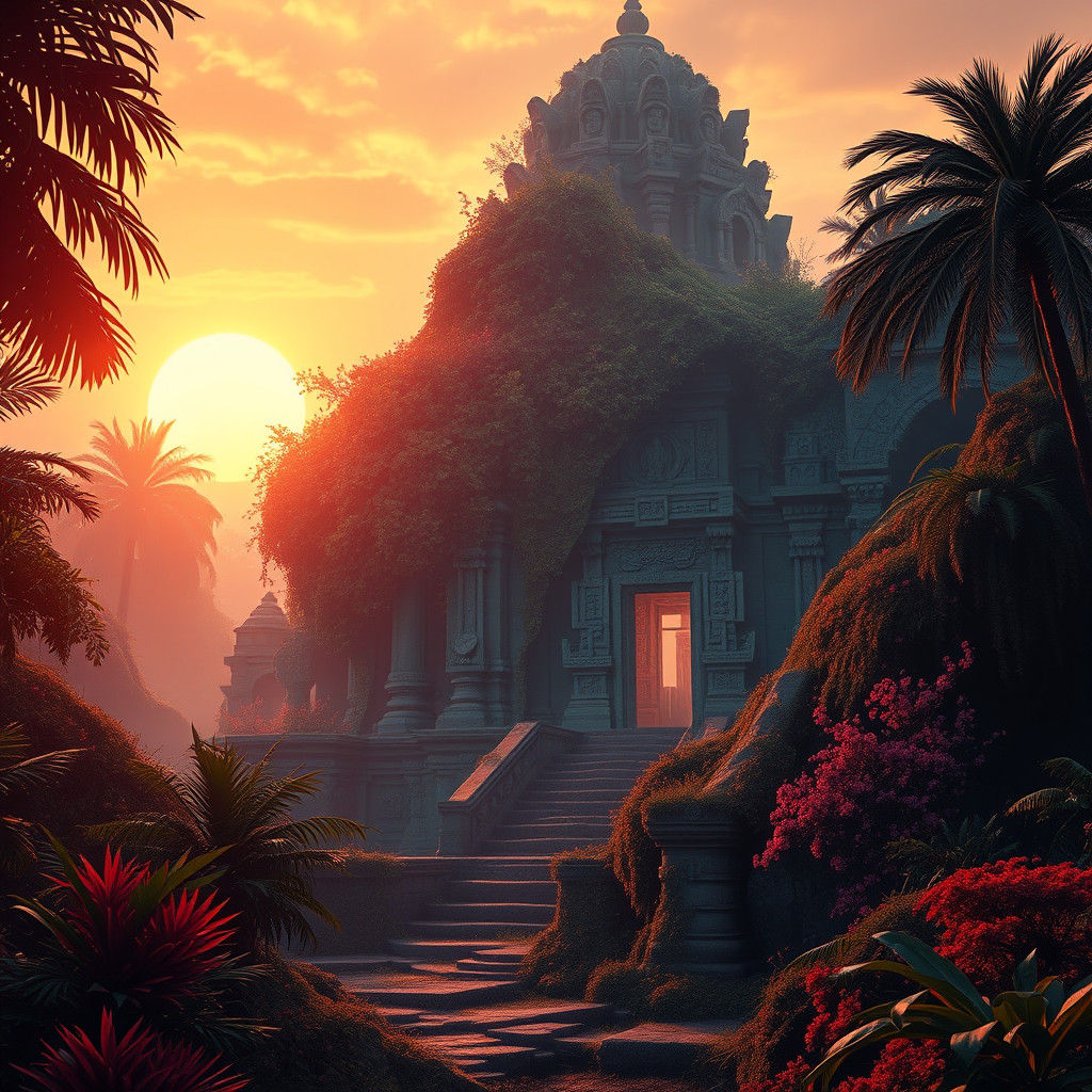 Mystical Temple Ruins at Sunset in Cinematic Style