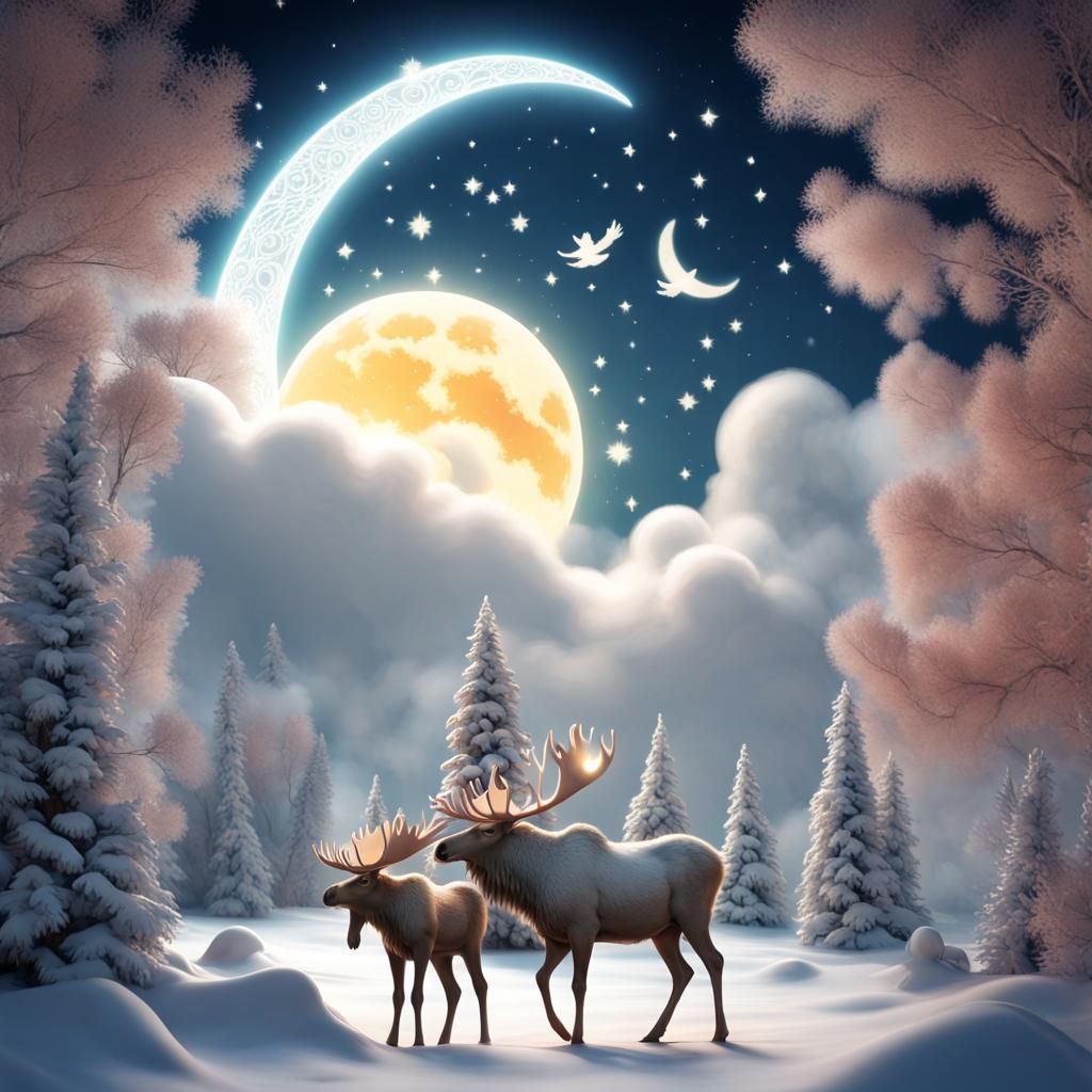 Dreamy Winter Wonderland: Albino Moose Family