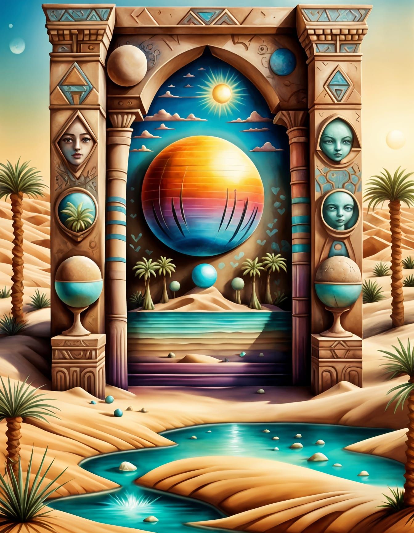 Surreal Desert Graffiti Texture with Ancient Ruins