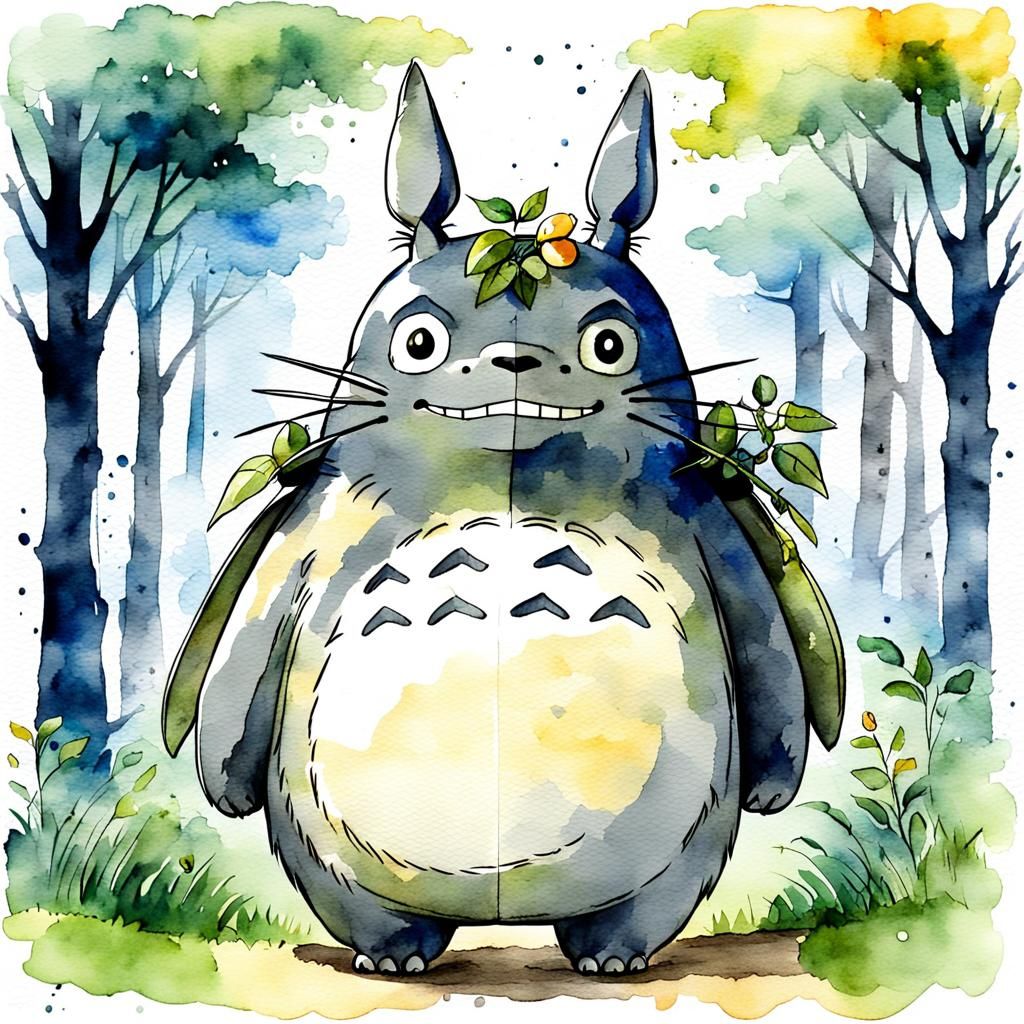 Smiling Totoro Watercolor Illustration in Comic Style