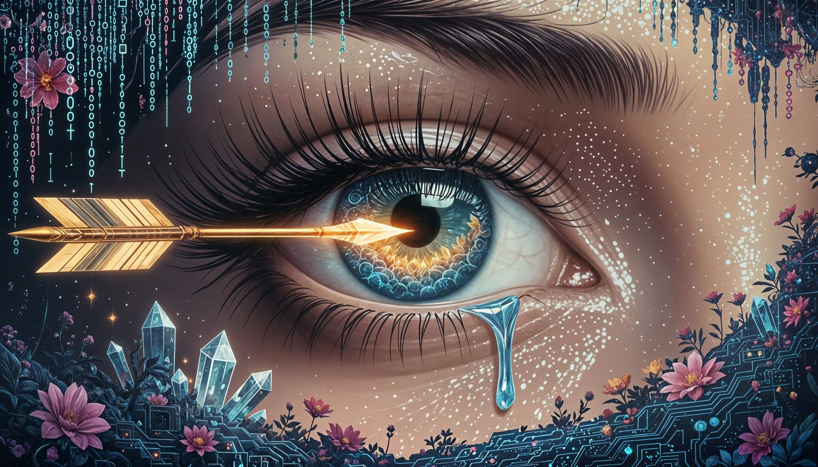 Surreal Cyberpunk Eye with Arrow and Ethereal World