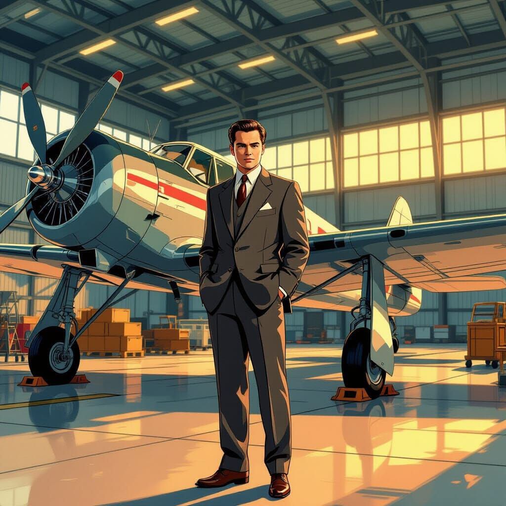 Howard Hughes in Hangar Before Airplane, Anime Key Visual St...