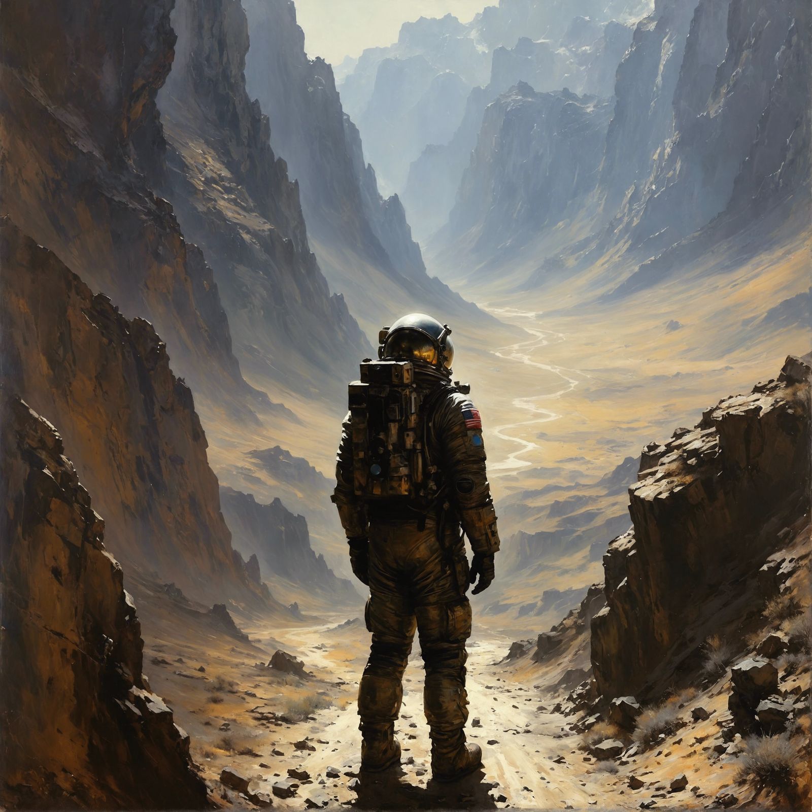 Astronaut in Valley: Sinister Oil Painting