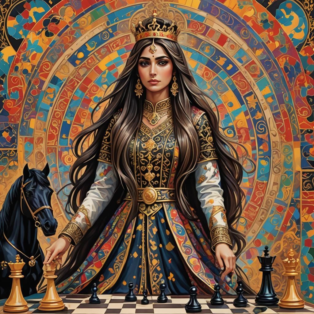 Persian Woman on Chessboard with Horse, Digital Art