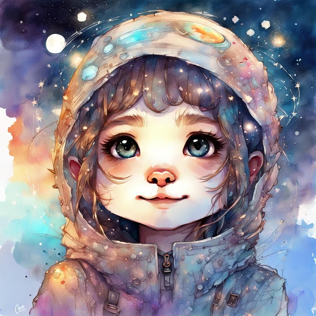 Chibi Otter Rocketman in Space, Watercolor Art
