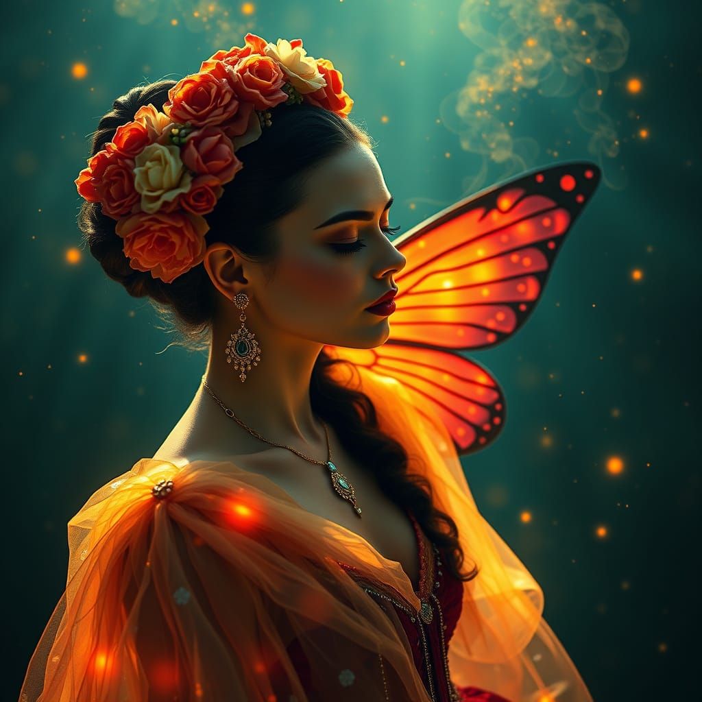 Woman in Radiant Dress Surrounded by Fantasy