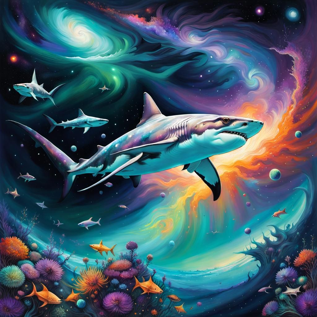 Cosmic Hammerhead Shark in Surreal Twilight Galaxy