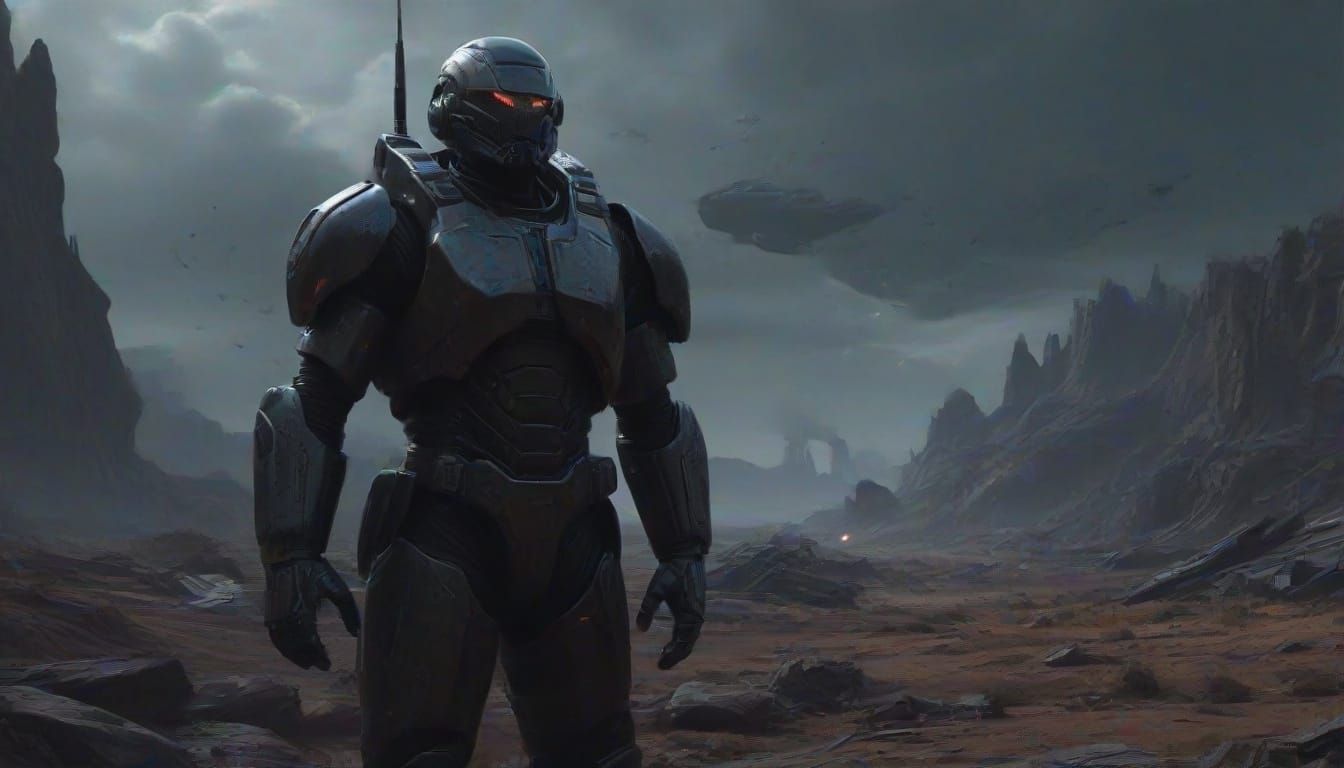 Battle-Scarred Commander Stands Tall Amidst Alien Wreckage