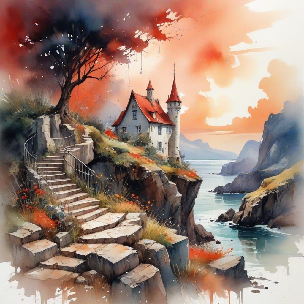 Dreamscapes: Enigmatic House Amidst Billowing Clouds