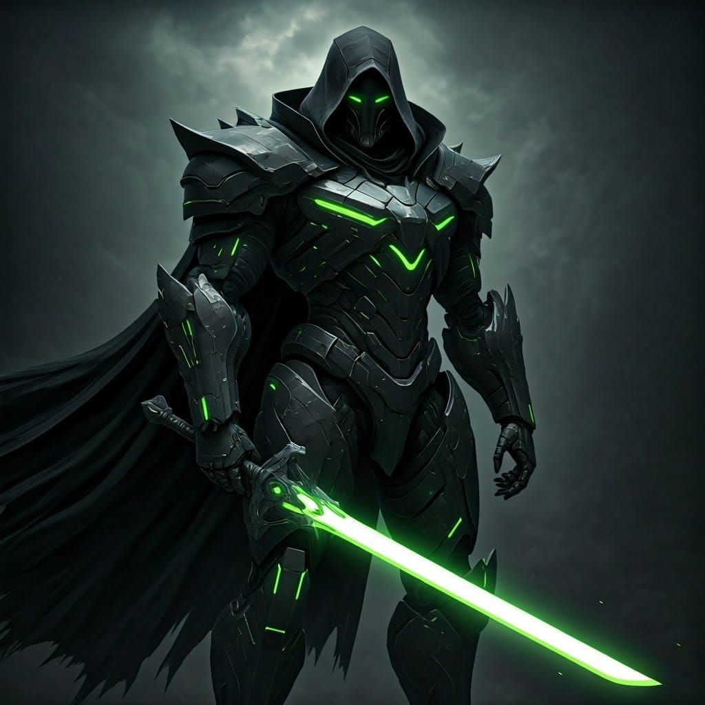 Black Mech Warrior with Neon Sword and Cape