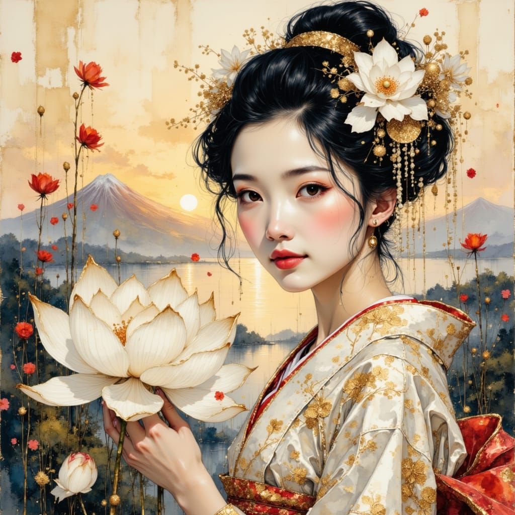 Geisha in shades of white and gold