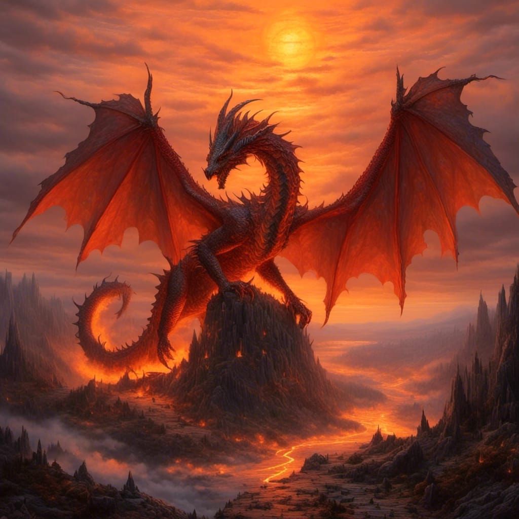 Fiery Orange Dragon Silhouette Against Sunset
