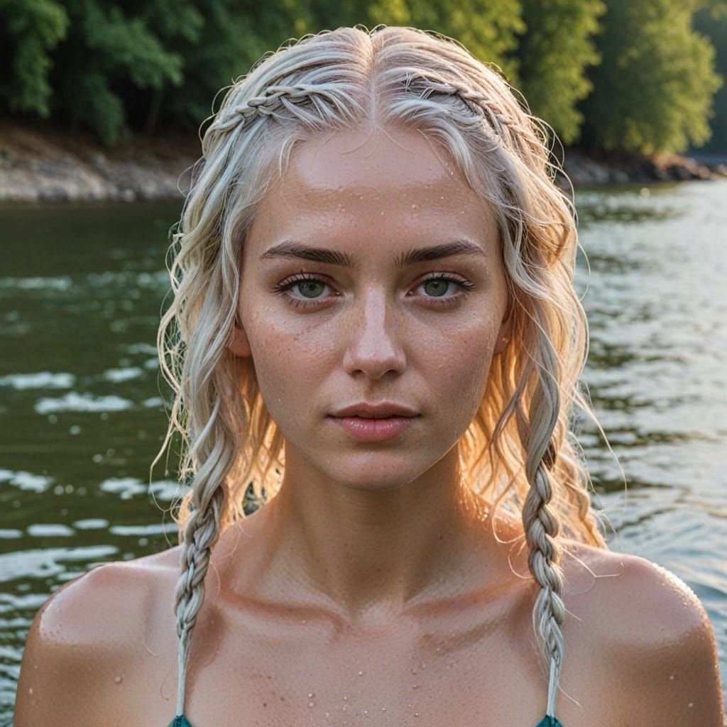 Young Woman in Wet Waves, Adorned with Delicate Braids
