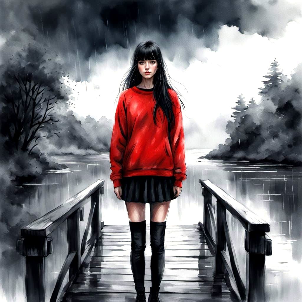 Moody Young Woman on a Rainy Bridge in Watercolor Style