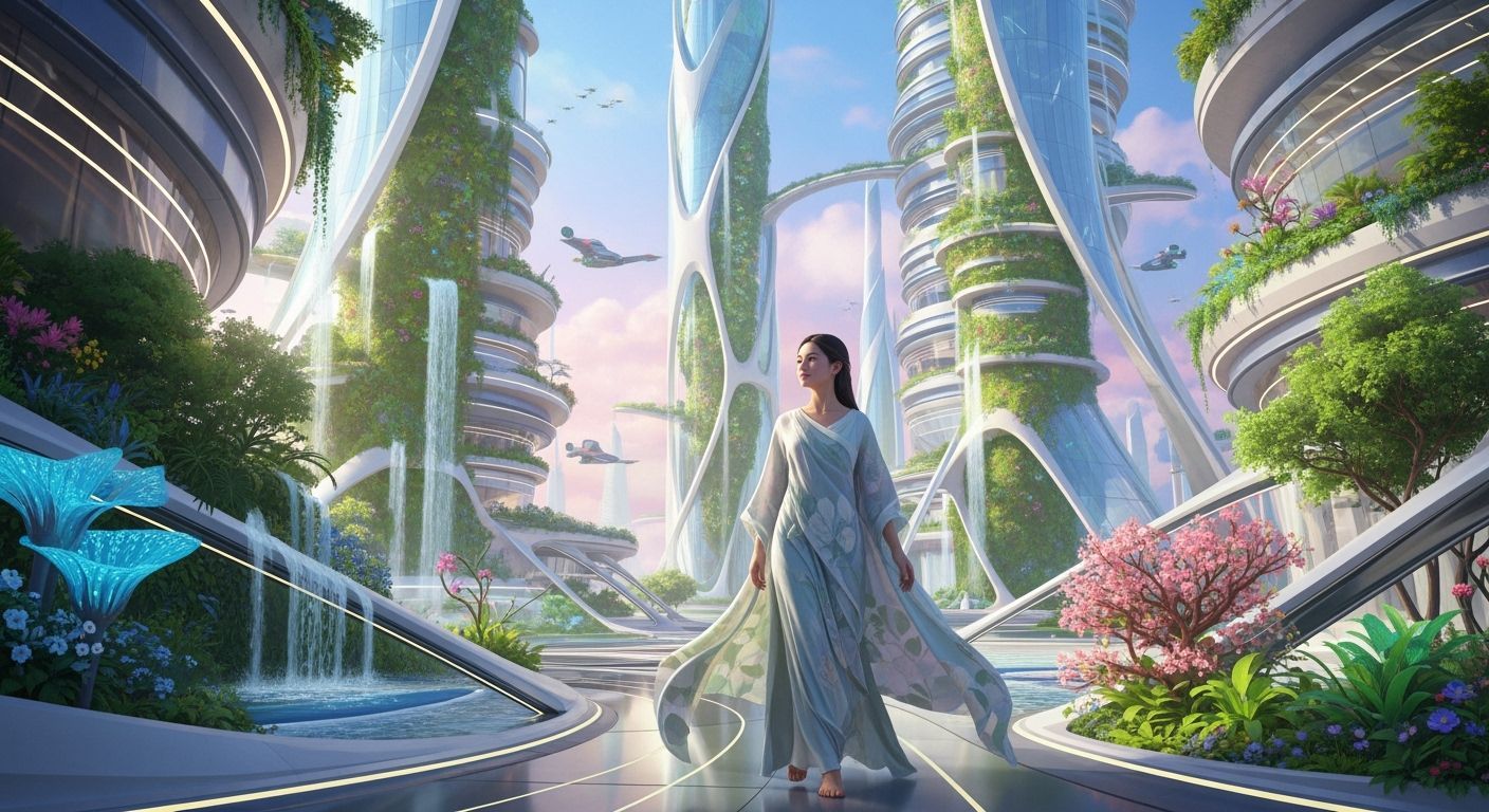 Utopian Future Cityscape in Frutiger Aero Style